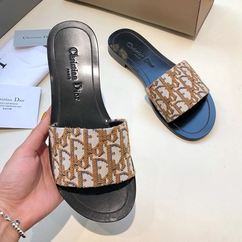 AllSeason 1920 Christian Dior Dway Slides Women Oblique Motif Canvas Apricot - Image 3