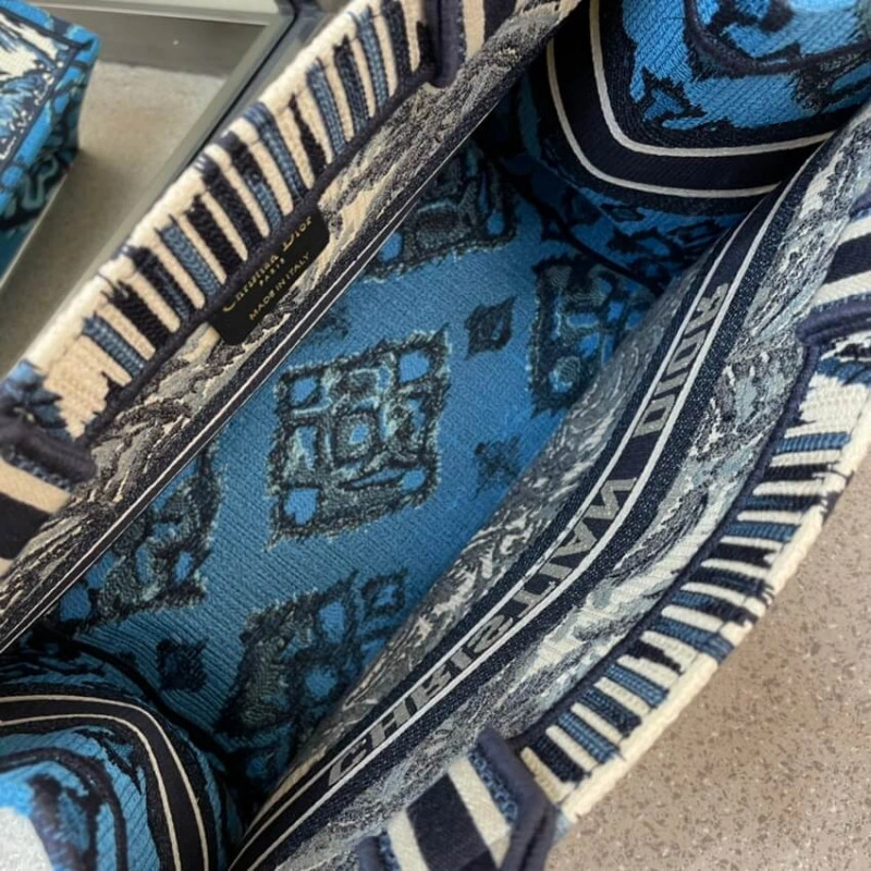 The Dior B Christian Dior Small Book Tote in Blue Palms Embroidery - Image 9