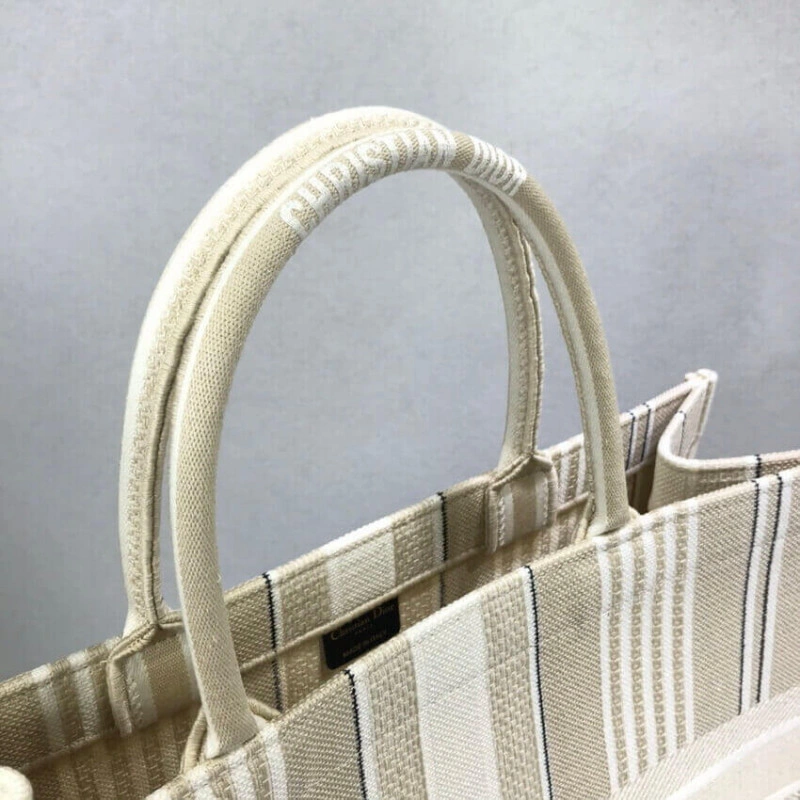'Christia Dior Book Tote Beige Stripes Embroidery - Image 6