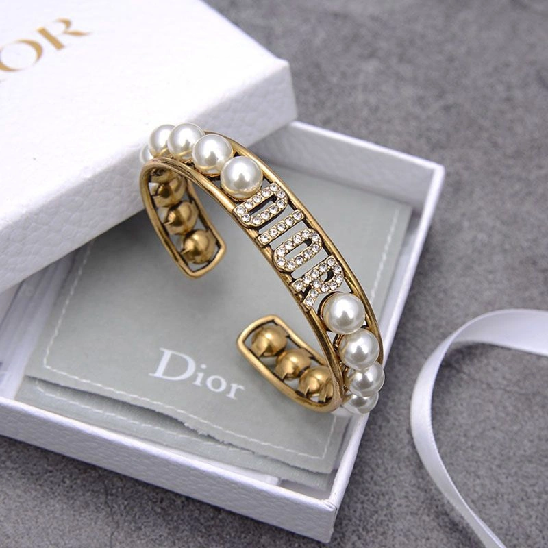 Dior Cuff Bracelet Antique Metal with White Resin Pearls and White Crystals Gold BestValue 3085 - Image 3