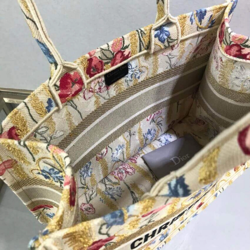 The Dior B Dior Small Book Tote in Beige Multicolor Hibiscus Metallic Thread Embroidery - Image 13