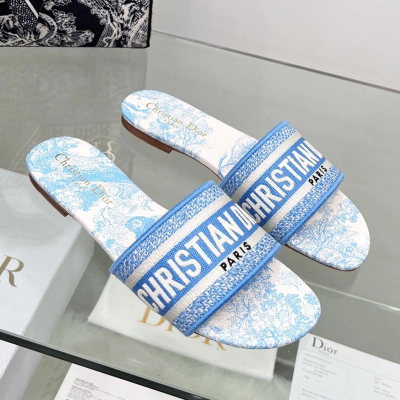 HighQuality 4212 Christian Dior Dway Slides Women Toile De Jouy Motif Canvas Sky Blue - Image 3