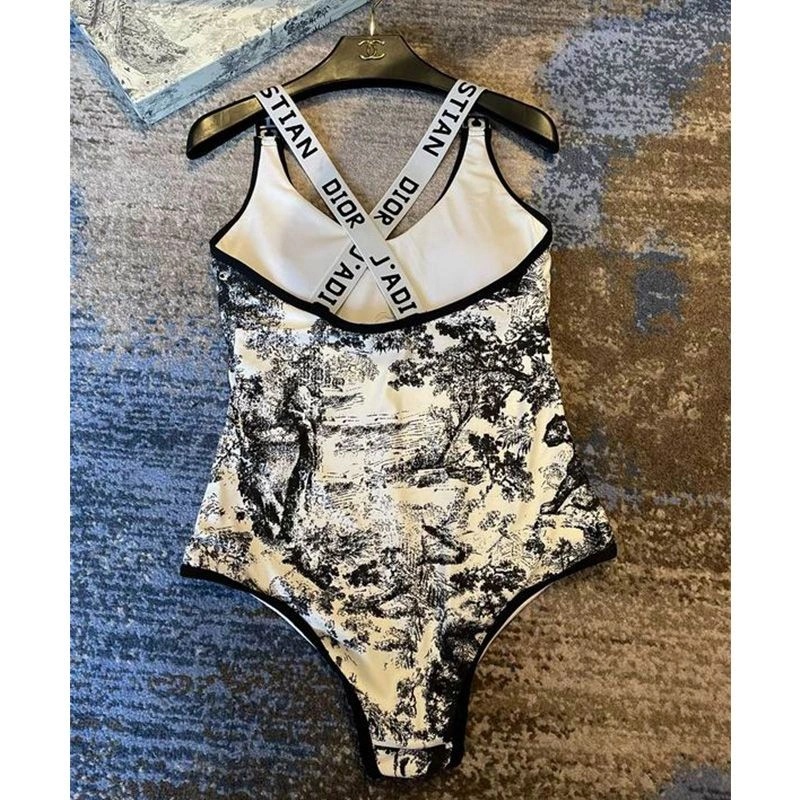 Dior Crisscross Swimsuit Women Toile De Jouy Motif Lycra White - Image 4