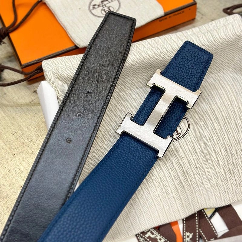 Hermes H Logo 38 Reversible Belt Calfskin In Blue Black - Image 4