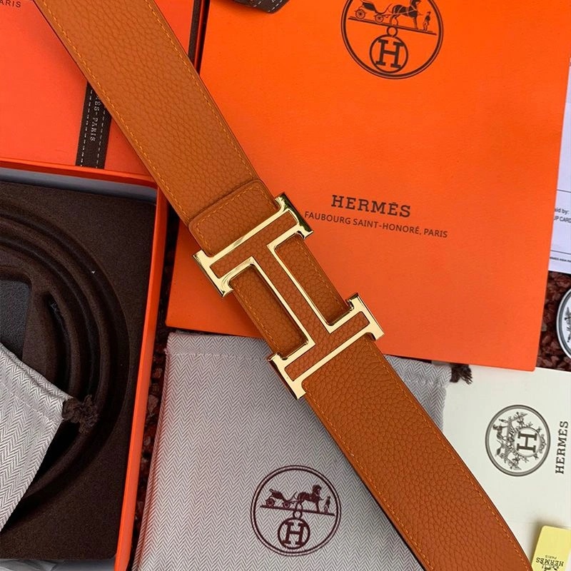 Hermes H Leather Buckle 38MM Reversible Belt Togo Leather In Brown Gold - Image 3