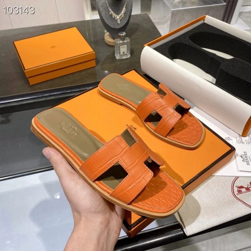 Hermes Oran Slides Women Alligator Leather In Orange - Image 3