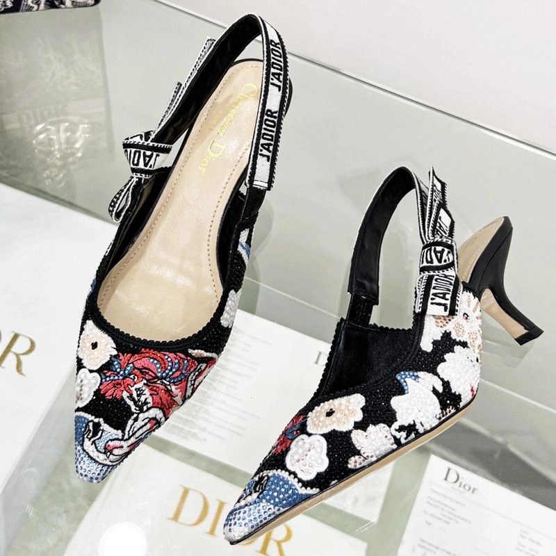 J'Adior Slingback Pumps Women Toile de Jouy Pop Motif Canvas with Beads and Strass Black - Image 4